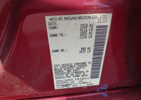 2014 Nissan Altima 2.5 Sv z USA, uszkodzony, nr VIN 1N4AL3AP0EC185851